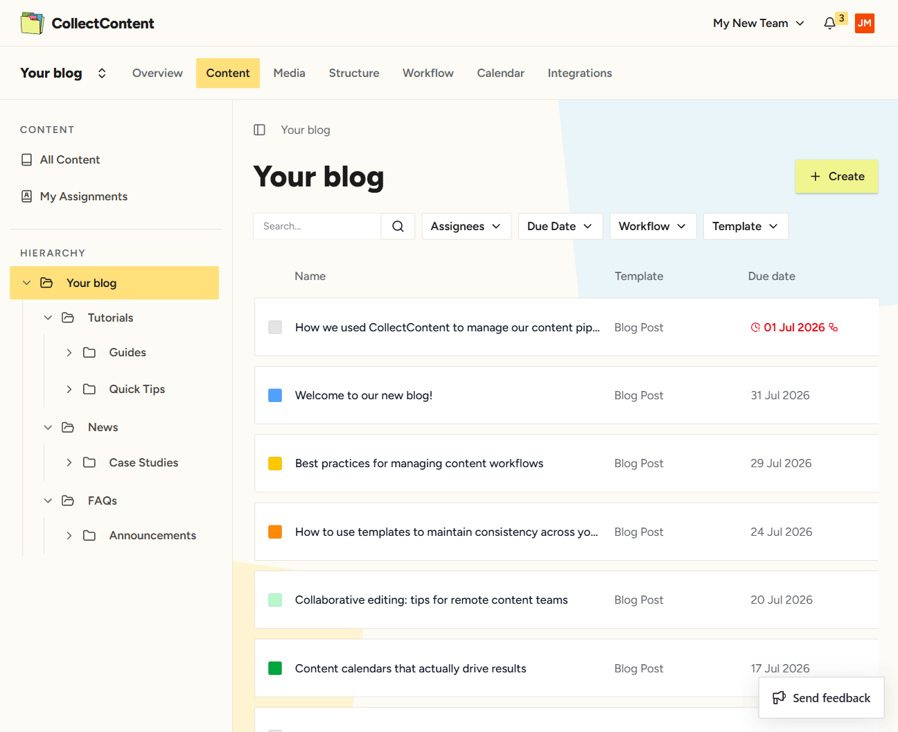 CollectContent — All Content view with workflow status and due dates