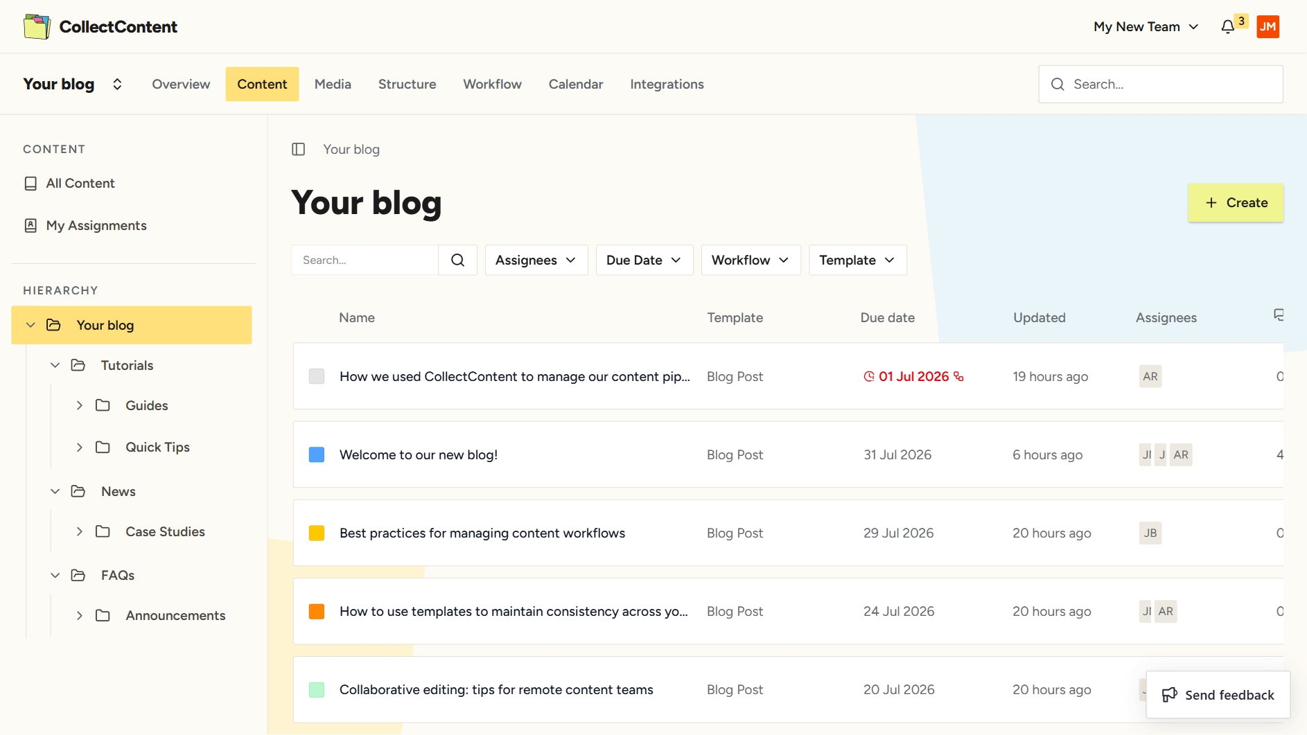 CollectContent All Content view with workflow status and due dates