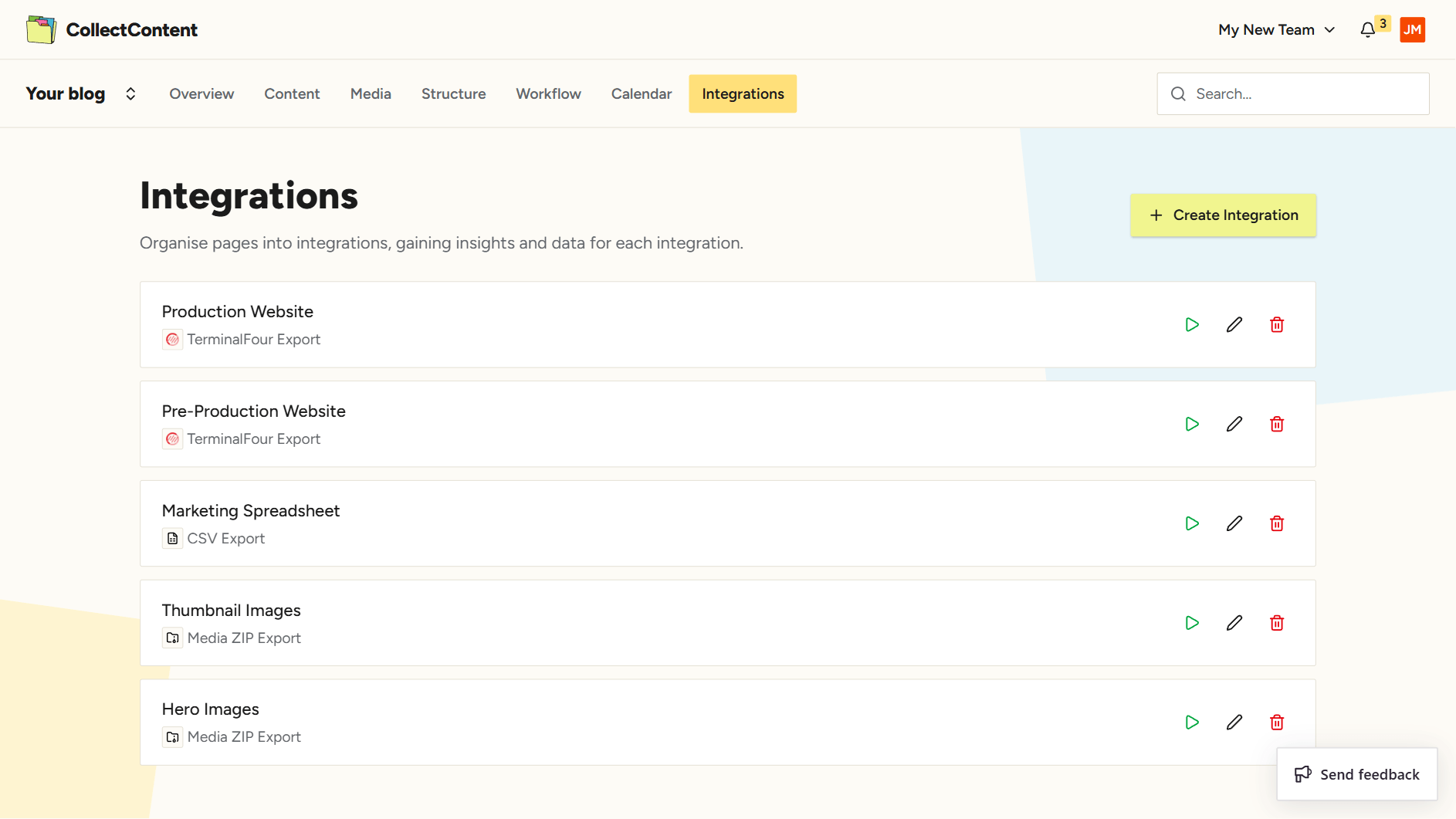 Integrations and export view
