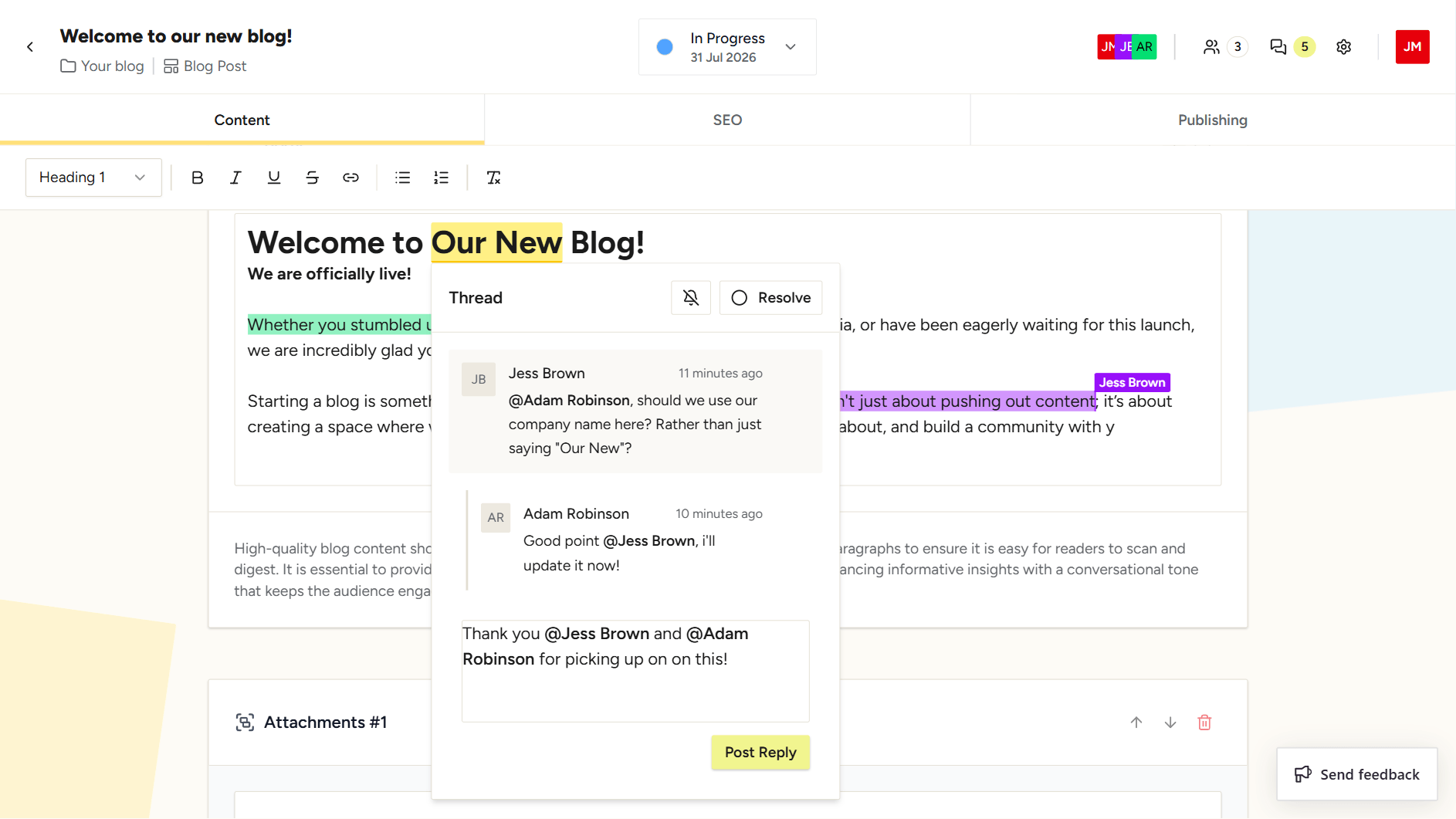 Collaborative editor with anchored comments