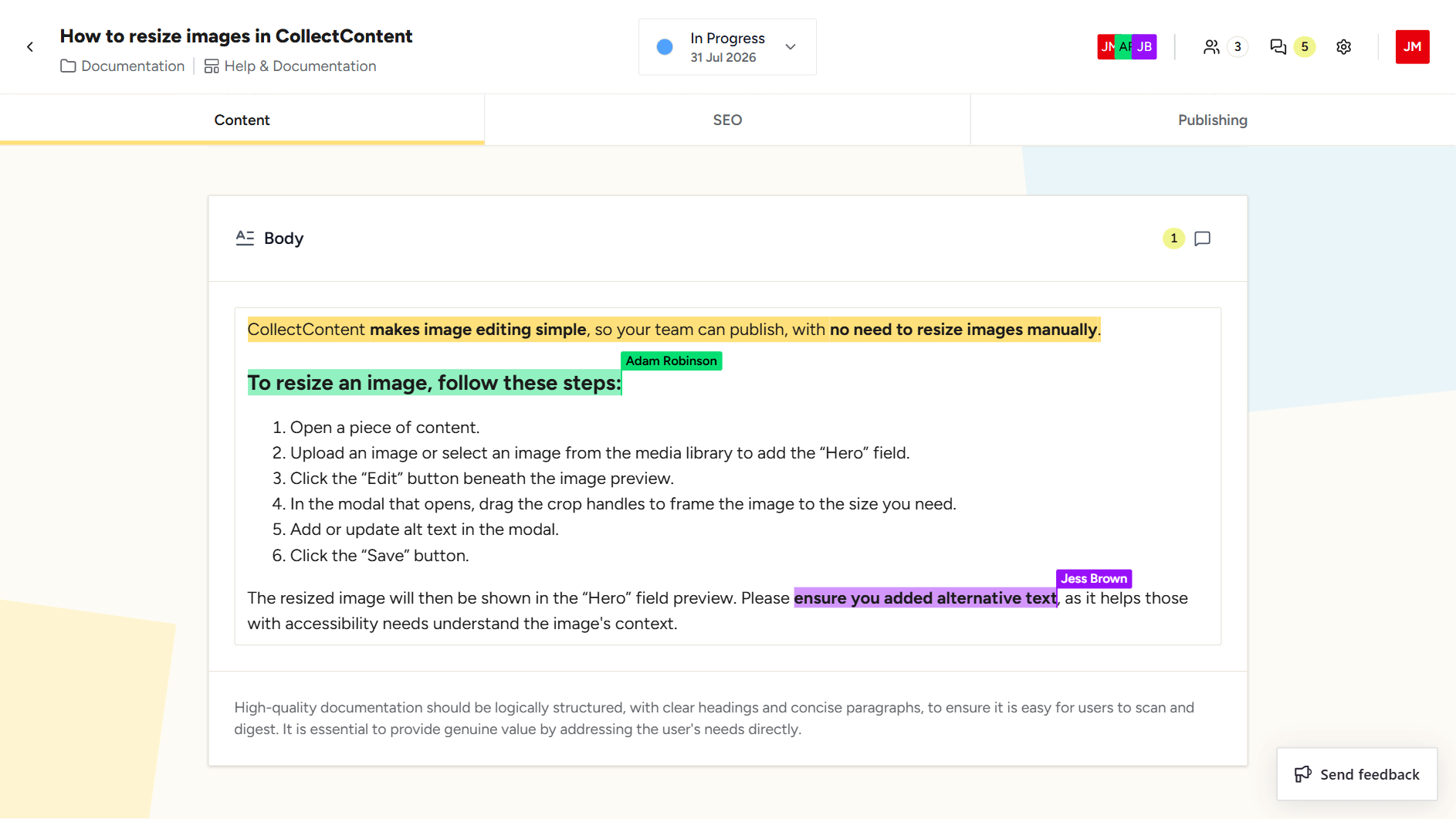 Editing a help article with review comments